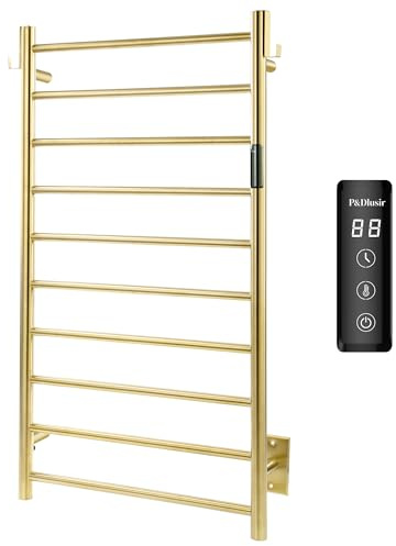 P&Dlusir Towel Warmer, Heated Towel Rack with Smart Timer and Thermo Control, Wall-Mounted Heated Towel Rail, Stainless Steel, Hard-Wired/Plug-in, Brushed Gold, 10 bar