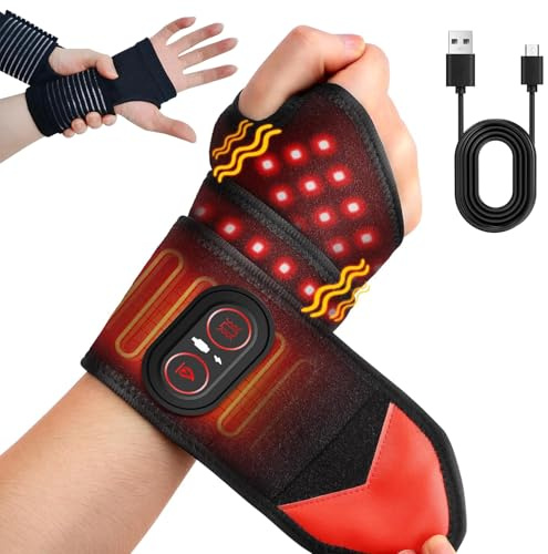 Calentador de muñeca inalámbrico, 6 modos, vendaje de muñeca calentado con 2 muñequeras, masajeador de luz roja con calefacción para tendinitis, síndrome del túnel carpiano (negro1)
