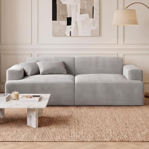 skølm Freki Cloud Couch aus Cord, 2-Sitzer, Grau, 2 Kissen, Vollschaumsofa | Sofagarnitur, Vollschaumcouch mit Vakuum-Kompression, 230 cm breit, kein Aufbau erforderlich, Wohnzimmersofa, Polstersofa