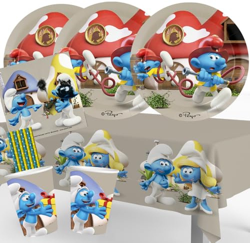 BeenSmile Set per feste con puffi, 37 pezzi, piatti di carta, bicchieri di carta, tovaglioli, tovaglia + 8 cannucce di carta, per compleanno dei bambini