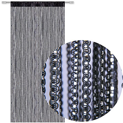 Bestlivings Cortina de hilos para puerta, aspecto metálico con barra, moderna y bonita en muchos disponibles (90 x 250 cm/negro – negro)