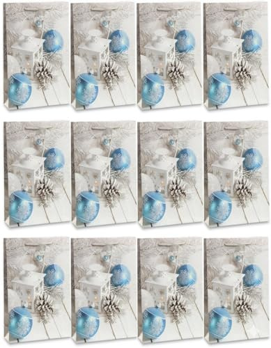 Bambelaa! 12 Stück Geschenktüten Weihnachten Geschenktaschen Groß Papiertüten Weihnachtstüten 157 g Papier Weiß Blau Glänzend (Ca. 25x8,5x34 cm)