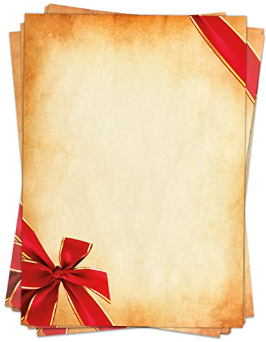 Weihnachtspapier A4 | Weihnachtsbriefpapier beidseitig bedruckt, 50 Blatt | Premium Briefpapier Weihnachten Vintage mit Schleifen | weihnachtliches Motivpapier Schreibpapier Druckerpapier 90 g/qm