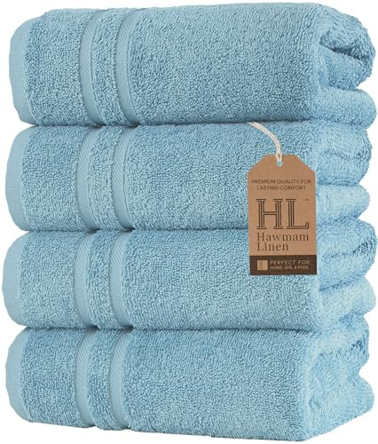 Hawmam Linen - Pack de 4 Toallas de Mano de algodón Turco prémium, Suaves y absorbentes, Toallas pequeñas para baño, Color Azul Claro