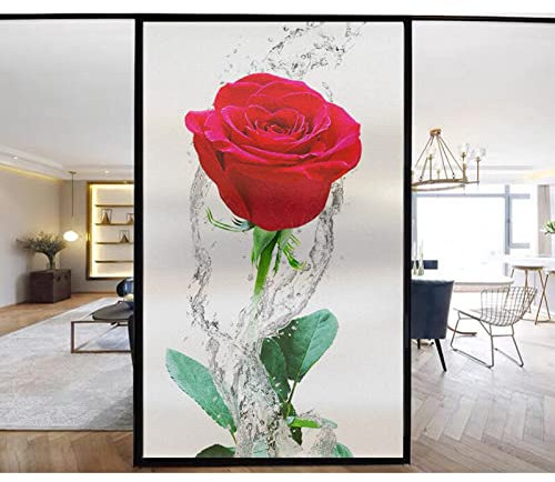 Siunwdiy Fensterfolie Blickdicht mit rote Rose Motiv Milchglasfolie Sonnenschutzfolie Fenster Innen Sichtschutzfolie Fenster Blickdicht von Außen für Badezimmer Glastür,A,60x90cm