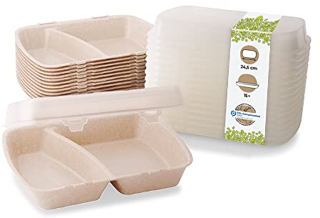 BIOZOYG Mehrweg Menübehälter mit 2 Kammern HP4/2 15er Pack inkl. Deckel I Servier-Behälter mit Fächern I Menüschalen 2 geteilt I Schalen mit Unterteilung Creme-weiß 24,5x20x4,5cm