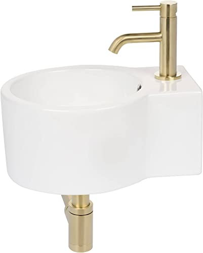 Saqu Rondo Waschtisch Set mit Goldener Armatur Links und Rechts Glänzendem weißem Keramik - Waschbecken für Unterschrank, Waschtisch für Gäste WC