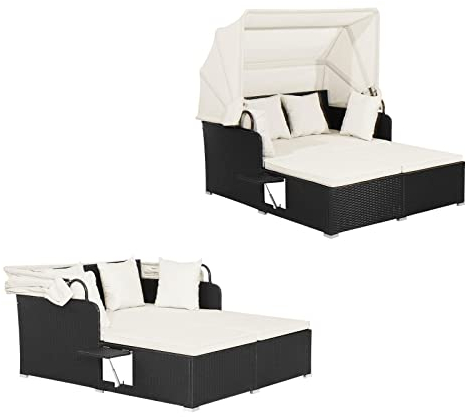 KOMFOTTEU Rattan Sonnenliege für 2 Personen, Gartenliege mit faltbarem Sonnendach & Seitenteilen, Entspannungsliege Doppelliege Wetterfest, Polyrattan Liege inkl. Sitzkissen für Innen & Außen