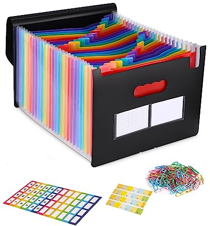 Akkordeon Aktenordner mit 26 Fächern Tragbar Erweiterbar Wasserdicht Dokumentenmappe A4 Sortiermappe Fächermappe Regenbogen Datei Organizer Grosse Kapazität Ordner mit Deckel, Labeln, Büroklammern