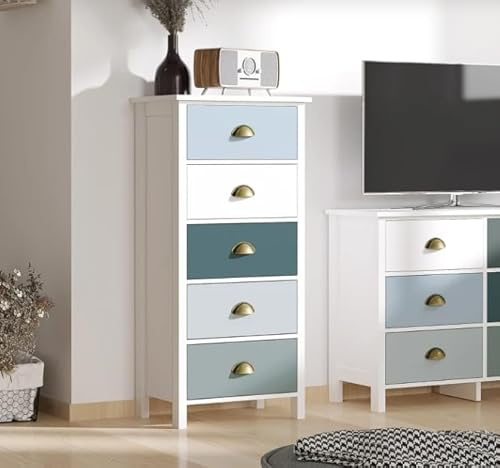 Tall Chest Drawers Retro Vintage Style Slim Tallboy White Shabby Chic Large Storage Unit Side Cabinet Bedroom Narrow Apothecary Sideboard