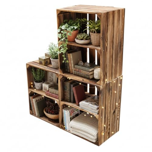 Teramico Cassette di legno fiammate con tavola centrale/ripiano intermedio per la conservazione delle scarpe (set da 50/3 pezzi, con ripiano corto)