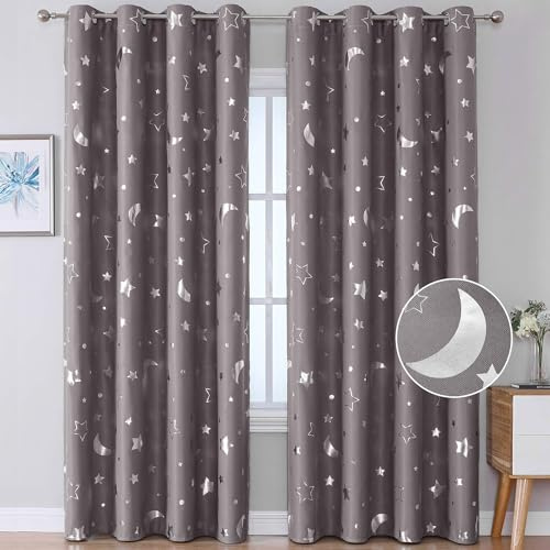 Freyamy Vorhang Blickdicht Grau Mond Sternenvorhänge 2 Stück,240x140cm (HxB) Niedliche Vorhänge mit Ösen Lichtundurchlässig thermovorhang kälteschutz Gardinen Lärmschutz für Kindervorhänge
