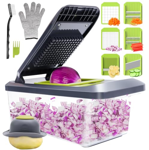 Gemüseschneider Manuell Mandoline Gemüsehobel mit 6 Klingen & 3.3L Container - Professioneller Gemüsehobel mit Handschutz, Multifunktionaler Hobel Gemüse Schneider, Julienne, Zwiebel Zerkleinerer