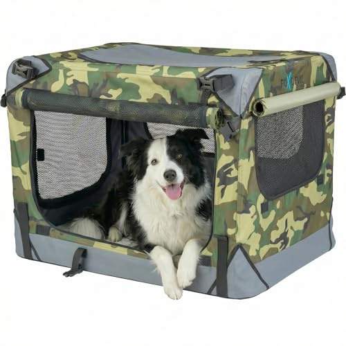 Foxdevil by xonic® Faltbare Hundebox/Katzenbox für mittelgroße Tiere – Hundetransportbox Auto und Zuhause – Transportbox Hund – Hundebox Auto Kofferraum (Camouflage, M)