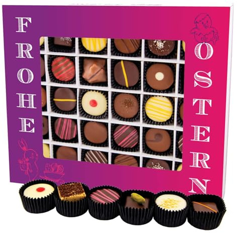Hallingers Genuss Manufaktur Pralinen Oster-Geschenk - ohne Alkohol, handmade aus Confiserie-Edelkakao in wertiger XXL-Geschenkbox Frohe Ostern, Ostern Körbchen für Frauen Männer