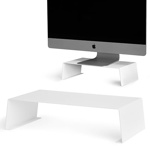 Support de moniteur en métal pour ordinateur, ordinateur, écran, table, bureau ergonomique, design moderne et élégant (blanc)