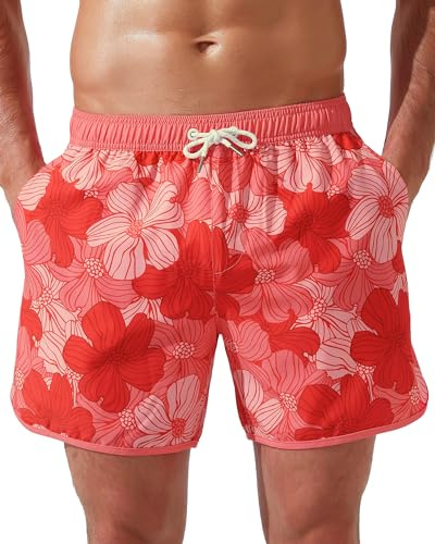 Arcweg Badbyxor för herrar Vintage Retro 2 i 1 Badshorts Korta Boardshorts Snabbtorkande med kompression och justerbar dragsko Blomma Gräs S–XXL（EU, Röd blomma, S
