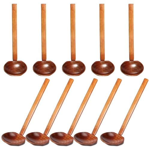 Lot de 10 cuillères à soupe en bois avec long manche de 21 cm de style japonais - Cuillère à ramen - Cuillère de service pour tortue - Pour manger, mélanger, cuisiner