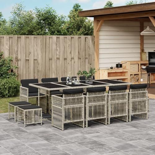 Homgoday 13-TLG. Garten-Essgruppe mit Kissen Gartenmöbel Set Sitzgruppe Gartenstuhl mit Tisch, Balkonmöbel Terrassenmöbel Gartengarnitur Sitzgarnitur Hellgrau Poly Rattan