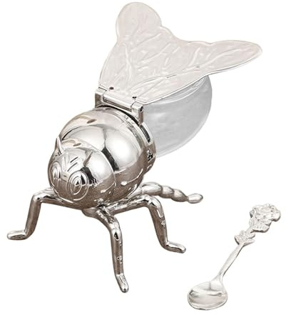 YWJLQH Bienen Honigtopf Honigglas Honigspender Zuckerdose Gewürztopf mit Praktischem Deckel Und Löffel Aus Glas Und Legierung für Küche Haushalt Und Den Frü, Silberrose