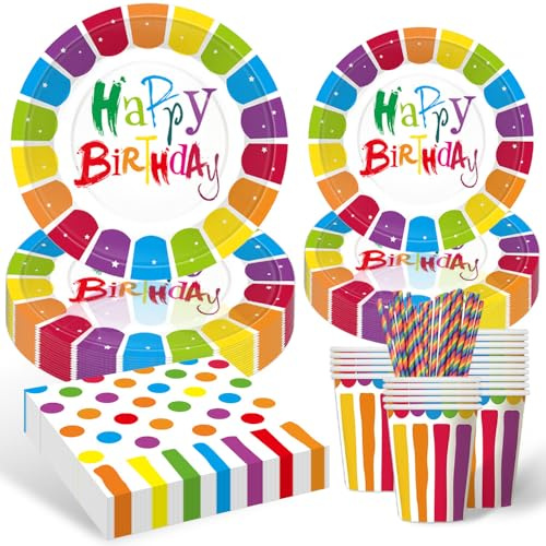 Vaisselle décorative pour anniversaire d'enfant - Assiettes en carton arc-en-ciel avec gobelets en carton, serviettes, pailles, décoration arc-en-ciel pour fête d'anniversaire fille et garçon (10
