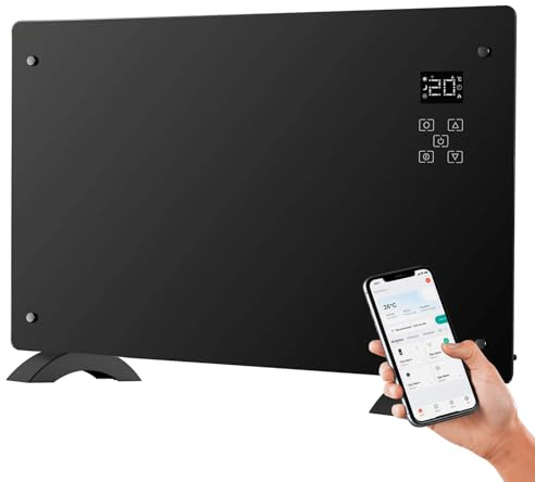 Avilia Convector eléctrico de cristal de 1500 W con pantalla LED, control táctil, temporizador y tecnología avanzada, montaje en pared o tierra, compatibilidad con Google Assistant y Alexa