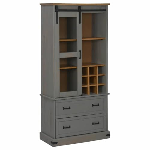 vidaXL Weinschrank Halden mit Weinregalen und Schiebetür Grau Kiefer, Weinregal, Schrank, Vitrine, Sideboard mit Weinregal, Aufbewahrungsschrank