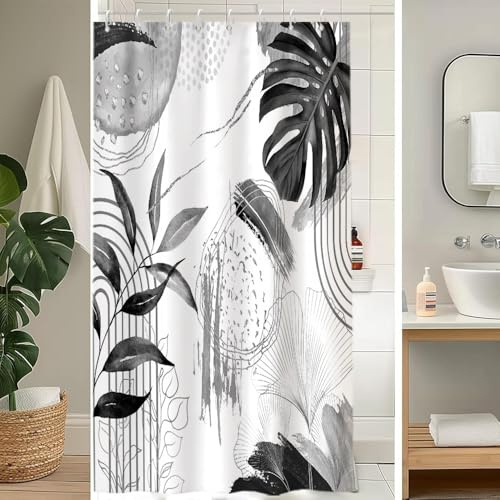 Uiiooazy Rideau Douche Gris, Rideau de Douche 120x180cm Anti Moisissure Tropical Feuilles de Palmier Boheme Jungle Rideaux de Baignoire Imperméable Tissu Lavable Rideaux Salle de Bain avec 8 Crochets