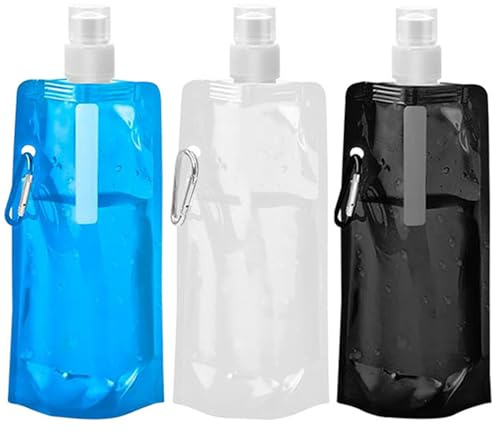 Auzlya 3 Stück Faltbare Wasserflasche,500ML Trinkflaschen Faltbar | Tragbarer Flexible Zusammenklappbare mit Clip,BPA-Freie Wiederverwendbare Trinkflasche Faltbar,für Wandern,Reisen,Abenteuer
