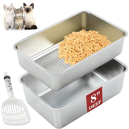 LOYIM 23. 6 x 15. 7 x 8 Stainless Steel Sifting Litter Box for Wood Pine Pellets, Two Pan Set, Sifting Cat Litter Box XL Metal Sifter Pan with Scoop for Odor Control, Easy to Clean, Anti Leakage