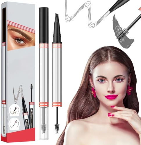 2in1 Augenbrauenstift mit Gel, Microblading pen & wasserfester brow pencil – ideal für lidschatten stift & haarklammern damen, mit 4 Gabelspitzen, 2-in-1 Brow Pen, 2025 Neu Microblading (04#Schwarz)