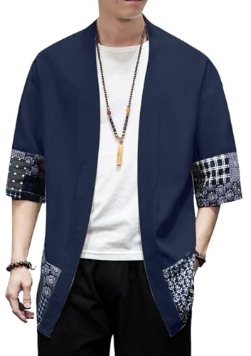 Mens Kimono Cardigan Cotton Linen Japanese Kimono Jacket 3/4 Sleeve Haori | Skin-Friendly Patchwork Shawl Collar Embroidery Open Front yukata Pocketless Lightweight Happi Coat Beach Summer Casual Wear