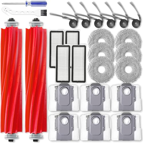 Pièces de Rechange compatibles avec Roborock QV 35A/QR 798 Robot aspirateur | Contenu de l'emballage:2 brosses principales,6 brosses latérales,4 filtres HEPA,4 chiffons de serpillère,6 sacs à poussière