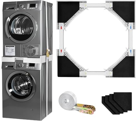 Kit de apilamiento universal para lavadora y secadora, kit de marco apilable ajustable para lavadora y secadora de 46-70 cm, estante apilable con cuerdas de trinquete y almohadillas antivibración
