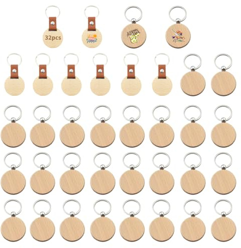 eupdd Lot de 32 Porte Clés Bois: Étiquette de Clé en Bois, Porte Clé Vierge, Vierges Naturel à Personnaliser pour Gravure, Pyrogravure, Bricolage, Cadeaux DIY