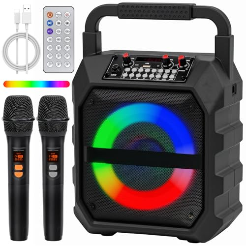 Karaoke Machine with 2 Wireless Microphones, Bluetooth Mini Karaoke Machine for Adults & Kids with 6.5 Inch Speaker, LED Lights, USB/TF/AUX/REC Portable PA System, Gift for Girls, Boys
