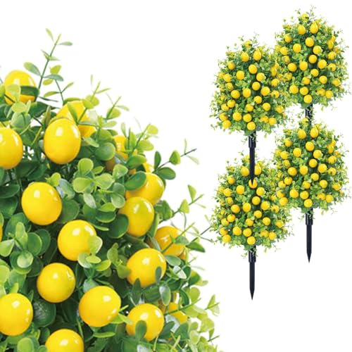 Limonero artificial con fruta, 4 árboles de boj falsos con estaca de tierra para decoración del hogar, jardín, patio, porche, patio