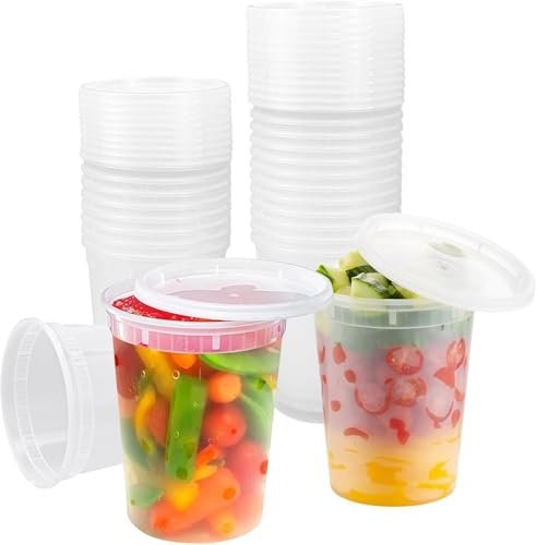Kleemeiero 24 Stück Kunststoffbehälter mit Deckel 720ml /24oz Kunststoffdose Plastikbecher Trinkbecher Wiederverwendbare Aufbewahrungsbecher Auslaufsicher Ausschankbecher für Suppen, Snacks