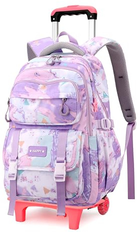 NIWEIYA Kids Rolling Backpack for Girls School Backpack with Wheels for Girls Wheeled Bookbags Roller Trolley Bags for Primary Students, 2-Wheel Purple