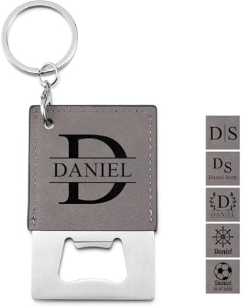 PiercingJak Porte Clef Décapsuleur Biere Ouvre-Bouteille Photo Gravure Lettre Personnalisé en Cuir et Acier Inoxydable Porte-Clés Personnalisable Cadeau pour Homme Femme Bière (Gris)