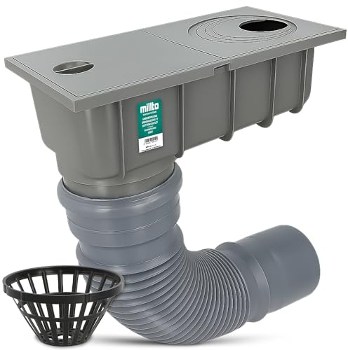 Millto Desagüe de Tubería de Lluvia Canalón Sumidero 110 mm Drenaje de Canalones Patio Rejilla Pluvial Caja Colectora Rejilla Extraíble Y Tubo Flexible 340‑400 mm Gris
