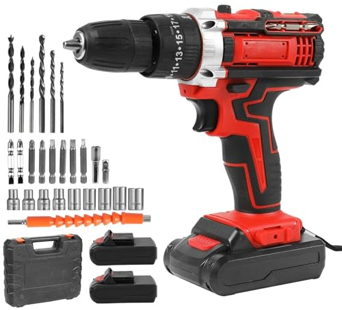 Cordless Drill Driver 21V, Cordless Hammer Drill, 18+1 Torque, 32N·m Max ElectricDrill, 24PCS DrillBits, 2 Speed, LED Light, for Home and Garden DIY Project, 2*Battery