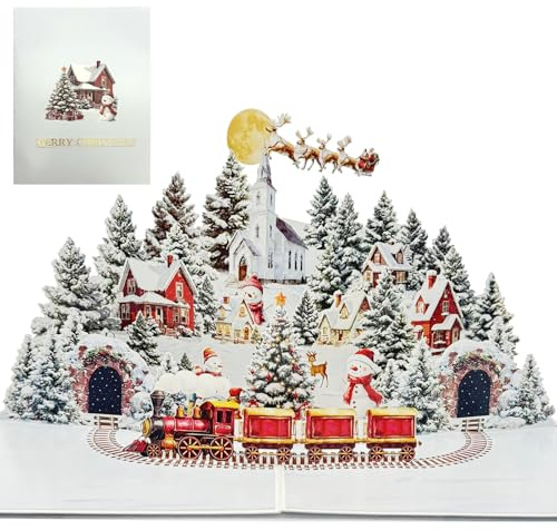 3D Pop Up Weihnachtskarten Winter Village, Lustige 3D Weihnachtskarte mit Umschlag, Klappkarten Weihnachtsgrußkarte Weihnachtsgeschenke Karte für Kinder, Mann, Frau (A)