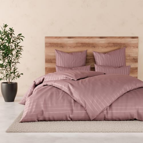 Pure Label Satin Bettwäsche 135x200 cm gestreift in Mauve – inkl. 40x80 cm Kissenbezug, 100% Baumwolle – Elegante und angenehm weiche Bettwäsche aus Satin - Oeko-Tex Zertifiziert.