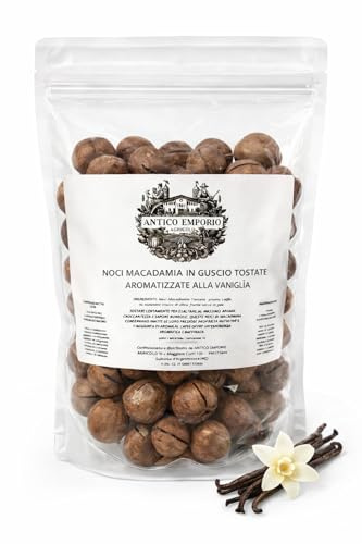 Noci di Macadamia Leggermente Tostate in Guscio e Aromatizzate alla Vaniglia - Pre-Crack - Formato da 500 Grammi In Sacchetto Richiudibile - Senza Conservanti, Senza Additivi e Senza Sale