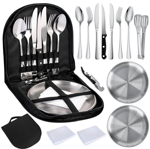 YYTECH Set di posate da campeggio per 2 persone, 13 pezzi, portatili, in acciaio inox, per campeggio, picnic, viaggi, con tasca per posate in acciaio inox, forchette, coltelli e cucchiai