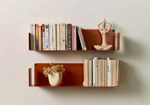 TEEbooks – 2 Schwebende Bücher Wandregale 60 cm | Unsichtbares Regal aus Stahl Kupfer Terrakotta | Minimalistisches Wand Bücherregal | Made in Italy | Einfache Wandmontage