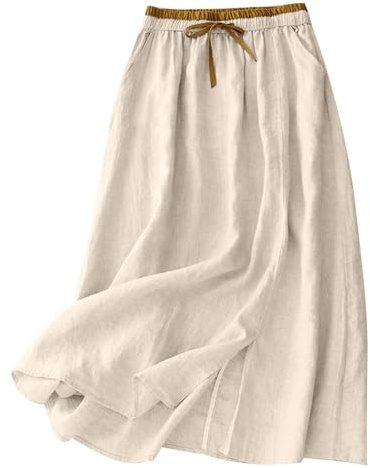 GMQWRK Falda midi de lino y algodón para mujer, estilo informal, con lazo elástico en la cintura y bolsillos, falda dividida de verano, falda para mujer, para vacaciones, uso diario 2026