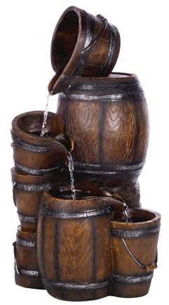Alpine Corporation ZEN409S Outdoor Rustic 4-Tiered Barrels and Buckets Water Floor Fountain - Farmhouse Style, 24 Inch Tall, Brown