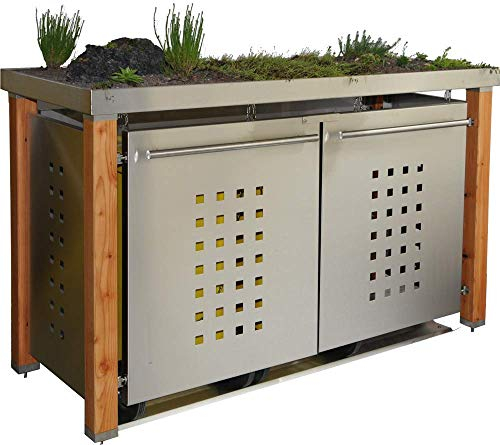 Mülltonnenbox aus Edelstahl mit Lärchepfosten (3X 120l, T-Design, Pflanzenwanne, Edelstahl)